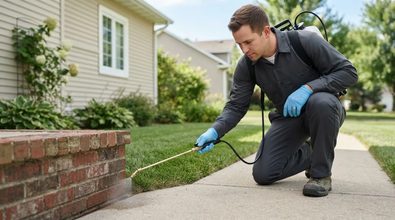 Pest control technician treating a home near Bloomfield, IN