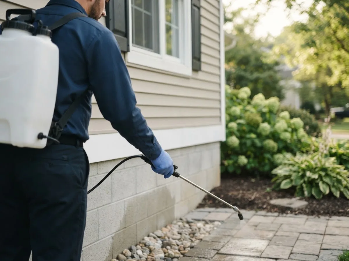Pest control technician inspecting a home in Bloomfield, IN